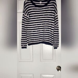 Maison Jules M 100% CASHMERE  NauticalStripedWhiteBlack GoldAccent Women Sweater